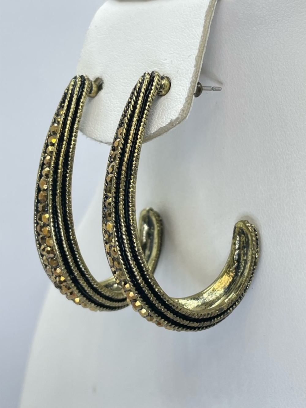 Antique Gold Tone Crystal Hoop Earrings Vintage Inspired Textured